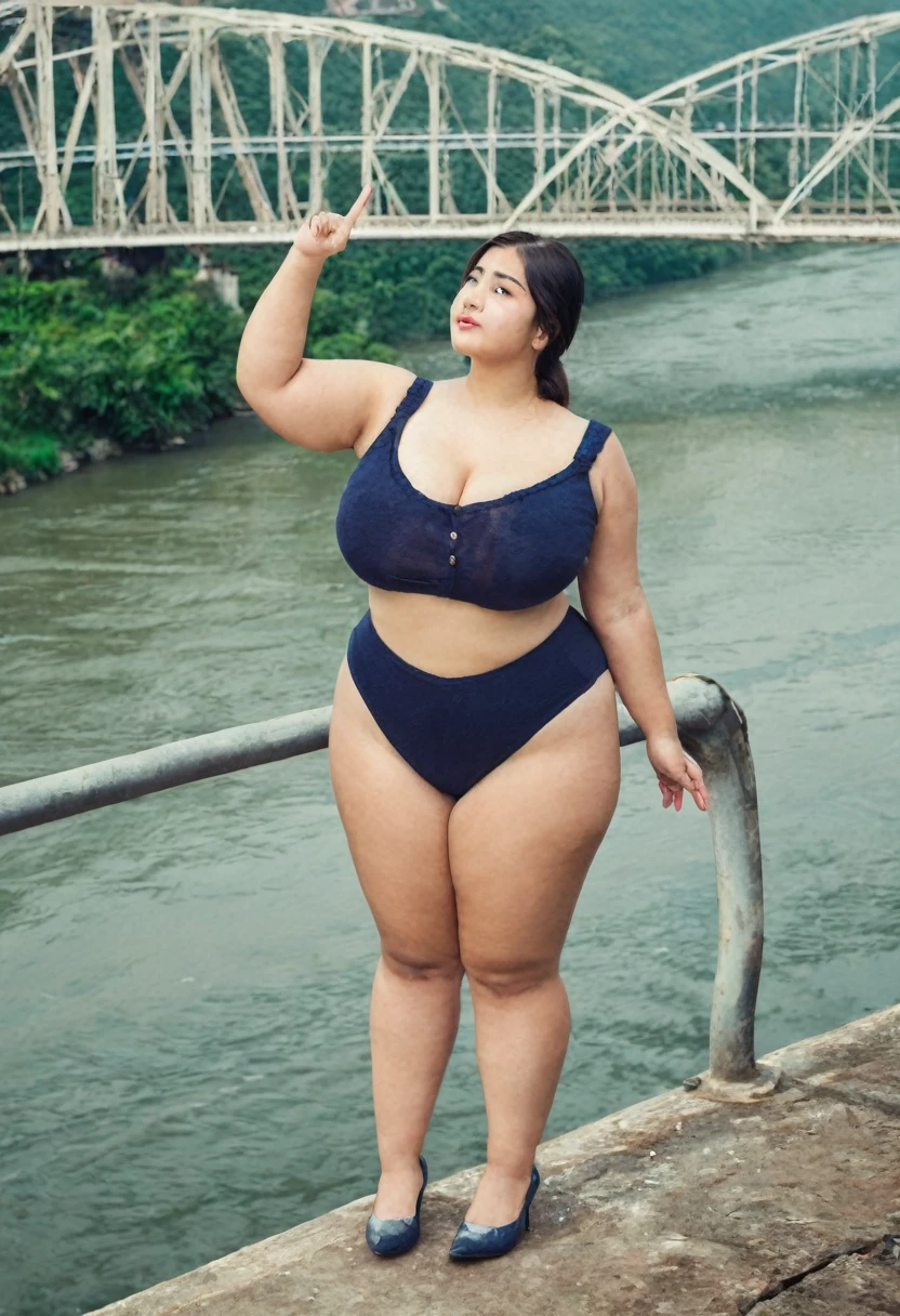 Giant 22 yeras old curvy girl standing on the wide river, she is look at bridge and touch the bridge with her finger.