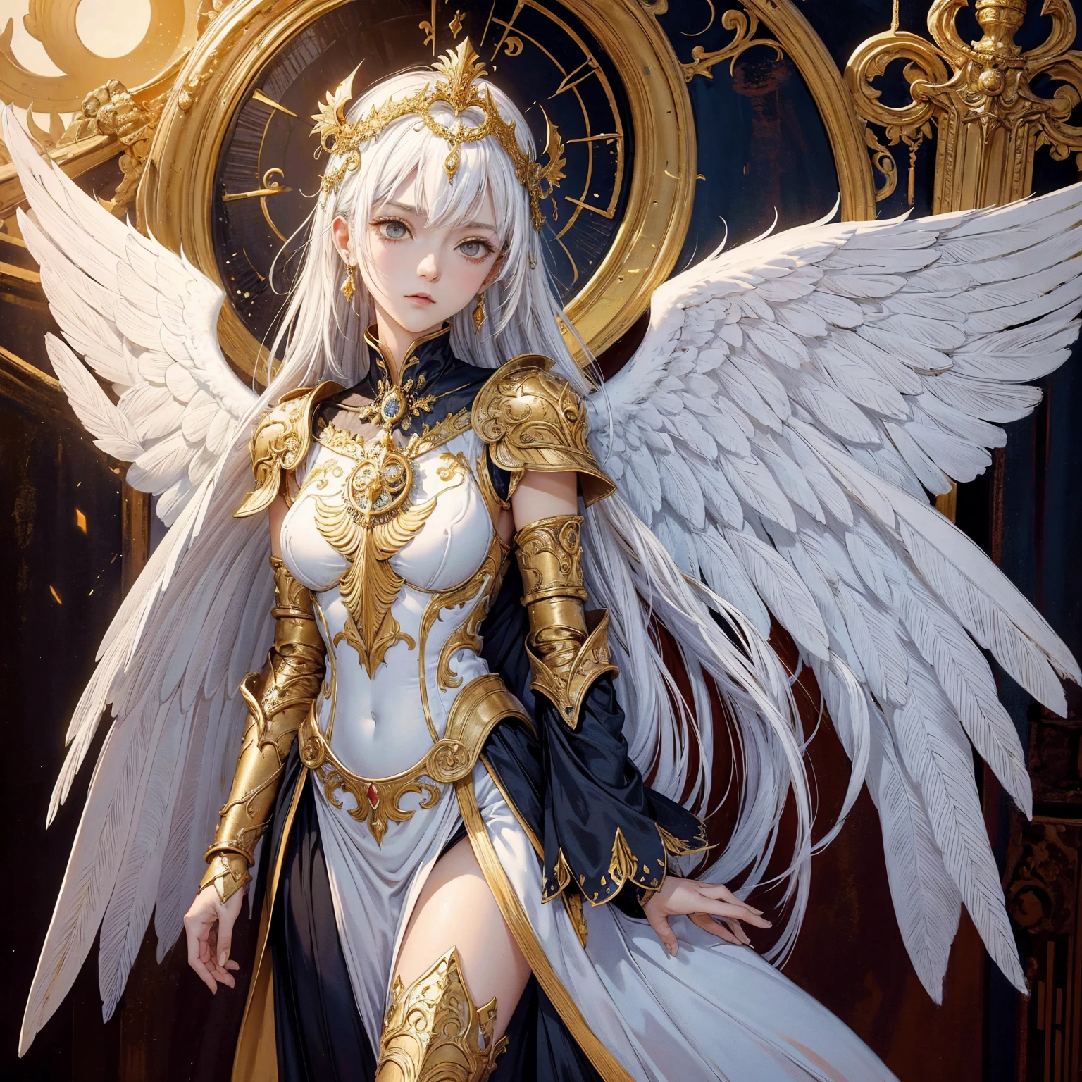 Art of a Woman Wearing a Sun Crown, A pair of vast white angel wings with golden armor on the wing bones spread out behind the woman., Wearing a gorgeous breastplate that exposes a small amount of skin above the chest, Wearing a gorgeous golden robe, ancient goddess art, Sacredness. Very detailed, Mysterious inspiration, Inspiration from the Sun God, Religious inspiration, Cold and snobbish face, Dangerous expressions, White hair, Standing, Full body portrait, Gothic art style, Weird art style, Occult art