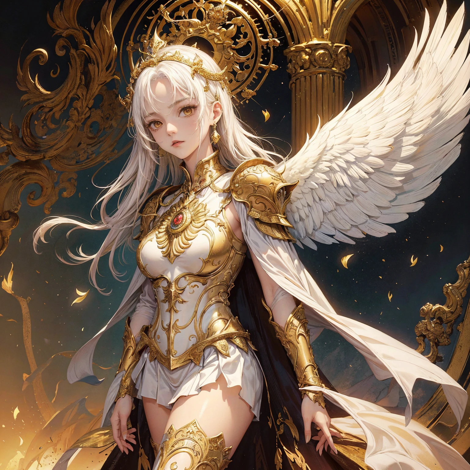 Art of a Woman Wearing a Sun Crown, A pair of vast white angel wings with golden armor on the wing bones spread out behind the woman., Wearing a gorgeous breastplate that exposes a small amount of skin above the chest, Wearing a gorgeous golden robe, ancient goddess art, Sacredness. Very detailed, Mysterious inspiration, Inspiration from the Sun God, Religious inspiration, Cold and snobbish face, Dangerous expressions, White hair, Standing, Full body portrait, Gothic art style, Weird art style, Occult art