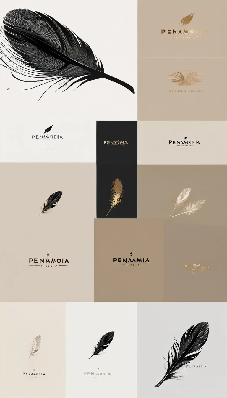 A minimal, modern, simple, cinematic logo design for the brand “Penamemoria". Create a modern, minimalistic, high-quality, masterpiece, fantastic, poetic feather that symbolizes dreams and stories.