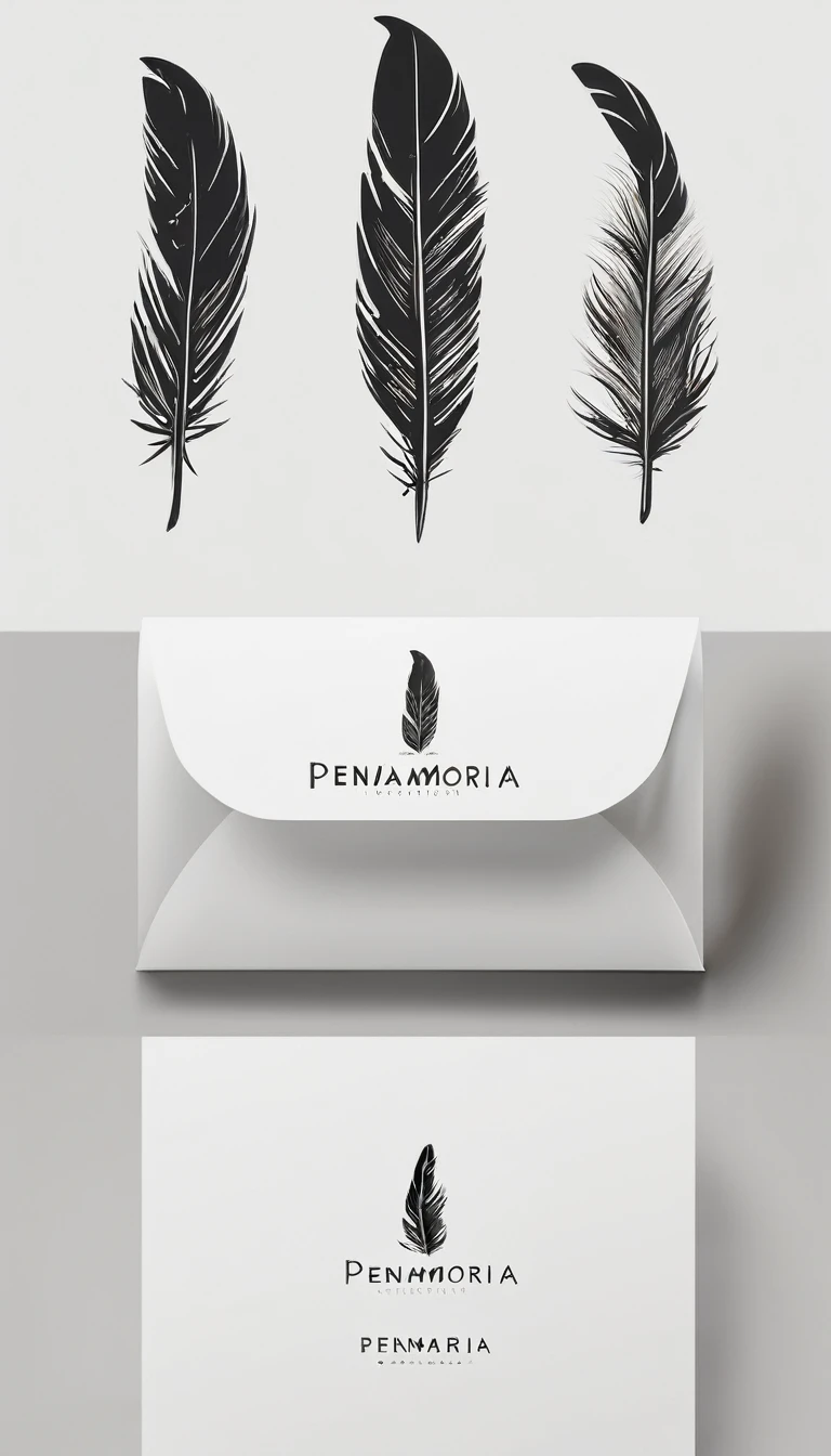 A minimal, modern, simple, cinematic logo design for the brand “Penamemoria". Create a modern, minimalistic, high-quality, masterpiece, fantastic, poetic feather that symbolizes dreams and stories.