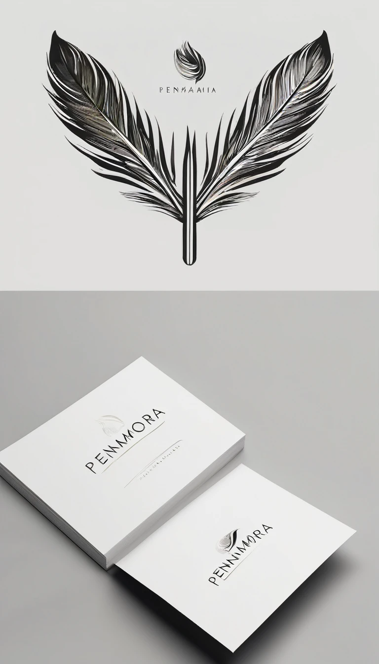 A minimal, modern, simple, cinematic logo design for the brand “Penamemoria". Create a modern, minimalistic, high-quality, masterpiece, fantastic, poetic feather that symbolizes dreams and stories.