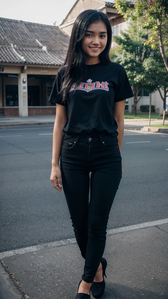 19 years old, girl, blue shirt, black skinny jeans, black hair, indonesian girl, smile, with heel, university, realistic, 8k