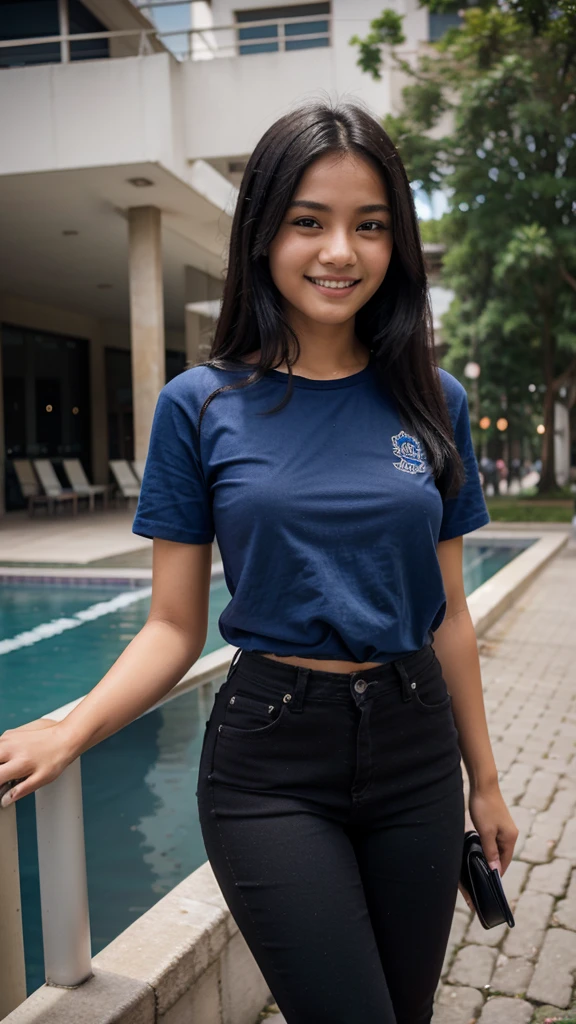 19 years old, girl, blue shirt, black skinny jeans, black hair, indonesian girl, smile, with heel, university, realistic, 8k