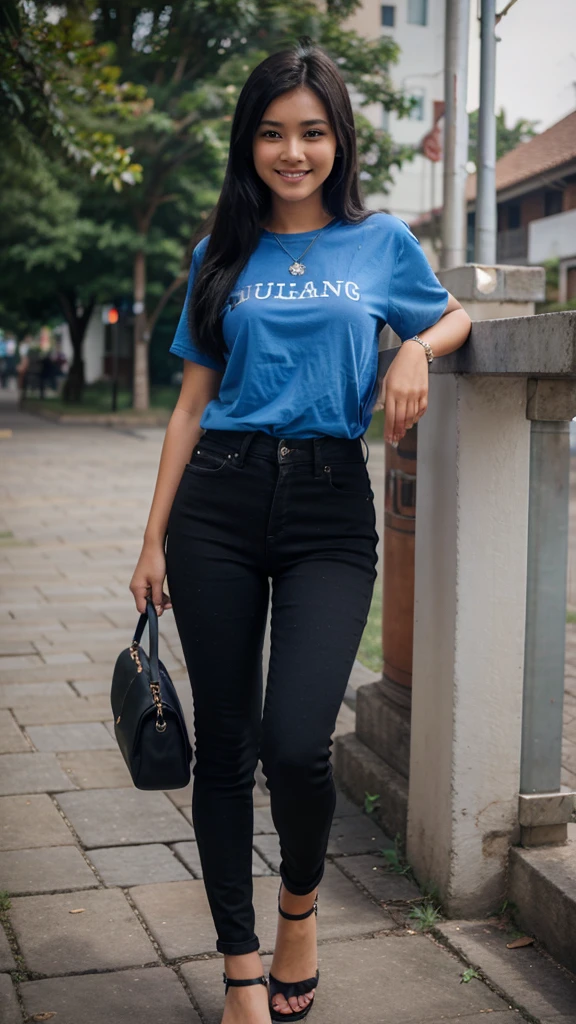 19 years old, girl, blue shirt, black skinny jeans, black hair, indonesian girl, smile, with heel, university, realistic, 8k