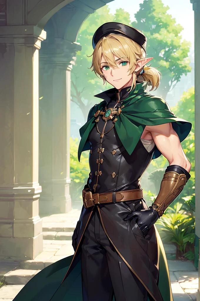 (((masterpiece; best quality: 1.2))), (finely detailed eyes: 1.3), (25 year old elf man), (solo), (green eyes: 1.4), (body; toned, fit, masculine: 1.3), (silky blonde hair in low ponytail: 1.3), (beautiful and clear background: 1.2), ((depth of field)), (equipment: adventurer garb + modest + elegant wide-brim hat + dark overcoat + dark long cape + black pants + gloves + belt + pouches: 1.3), (anime illustration: 1.2), (background composition; royal garden: 1.1), (extremely fine and handsome: 1.1), (shot composition; standing + centered on torso + close-up: 1.5), (expression; calm, smile: 1.2)