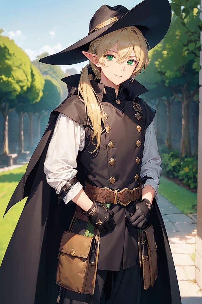 (((masterpiece; best quality: 1.2))), (finely detailed eyes: 1.3), (25 year old elf man), (solo), (green eyes: 1.4), (body; toned, fit, masculine: 1.3), (silky blonde hair in low ponytail: 1.3), (beautiful and clear background: 1.2), ((depth of field)), (equipment: adventurer garb + modest + elegant wide-brim hat + dark overcoat + dark long cape + black pants + gloves + belt + pouches: 1.3), (anime illustration: 1.2), (background composition; royal garden: 1.1), (extremely fine and handsome: 1.1), (shot composition; standing + centered on torso + close-up: 1.5), (expression; calm, smile: 1.2)