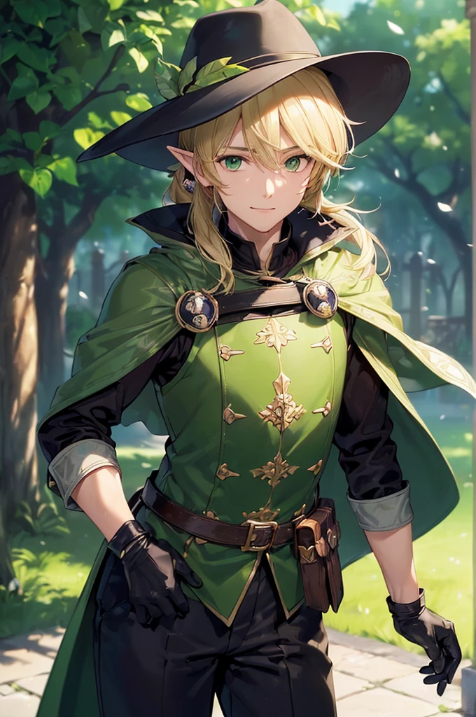 (((masterpiece; best quality: 1.2))), (finely detailed eyes: 1.3), (25 year old elf man), (solo), (green eyes: 1.4), (body; toned, fit, masculine: 1.3), (silky blonde hair in low ponytail: 1.3), (beautiful and clear background: 1.2), ((depth of field)), (equipment: adventurer garb + modest + elegant wide-brim hat + dark overcoat + dark long cape + black pants + gloves + belt + pouches: 1.3), (anime illustration: 1.2), (background composition; royal garden: 1.1), (extremely fine and handsome: 1.1), (shot composition; standing + centered on torso + close-up: 1.5), (expression; calm, smile: 1.2)