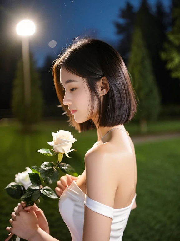 16 year old girl, short white hair, Very curly, Skinny body, small bust, green dress, two hands, shows her legs, sitting on a hill at night, very starry sky, few trees, flowers illuminating, next to her a small white fox, she very pretty.