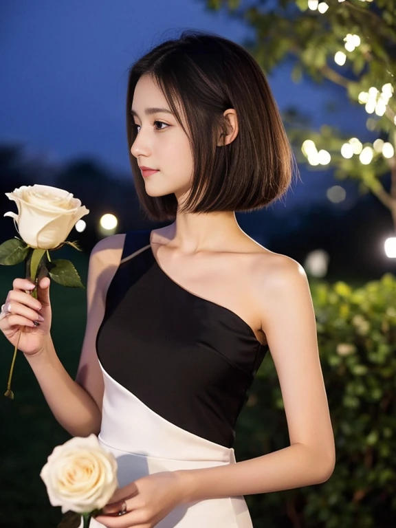 16 year old girl, short white hair, Very curly, Skinny body, small bust, green dress, two hands, shows her legs, sitting on a hill at night, very starry sky, few trees, flowers illuminating, next to her a small white fox, she very pretty.