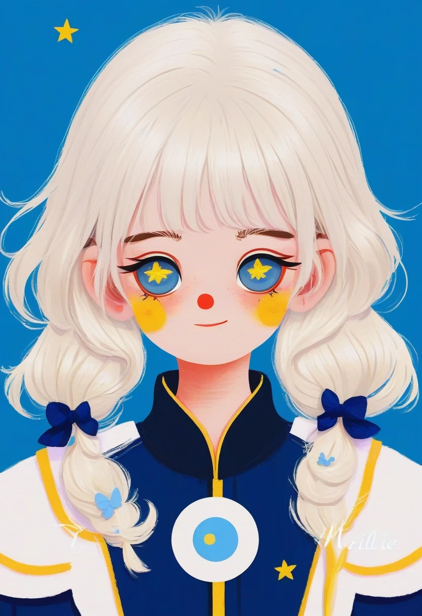 1 Girl,White hair,Colored contact lenses, Colored eyelashes,Lovely,Solid color background,blue and yellow,Artistic sense,Navy collar,Minimalist Art,Vector illustration,Flat illustration,Japanese cartoons