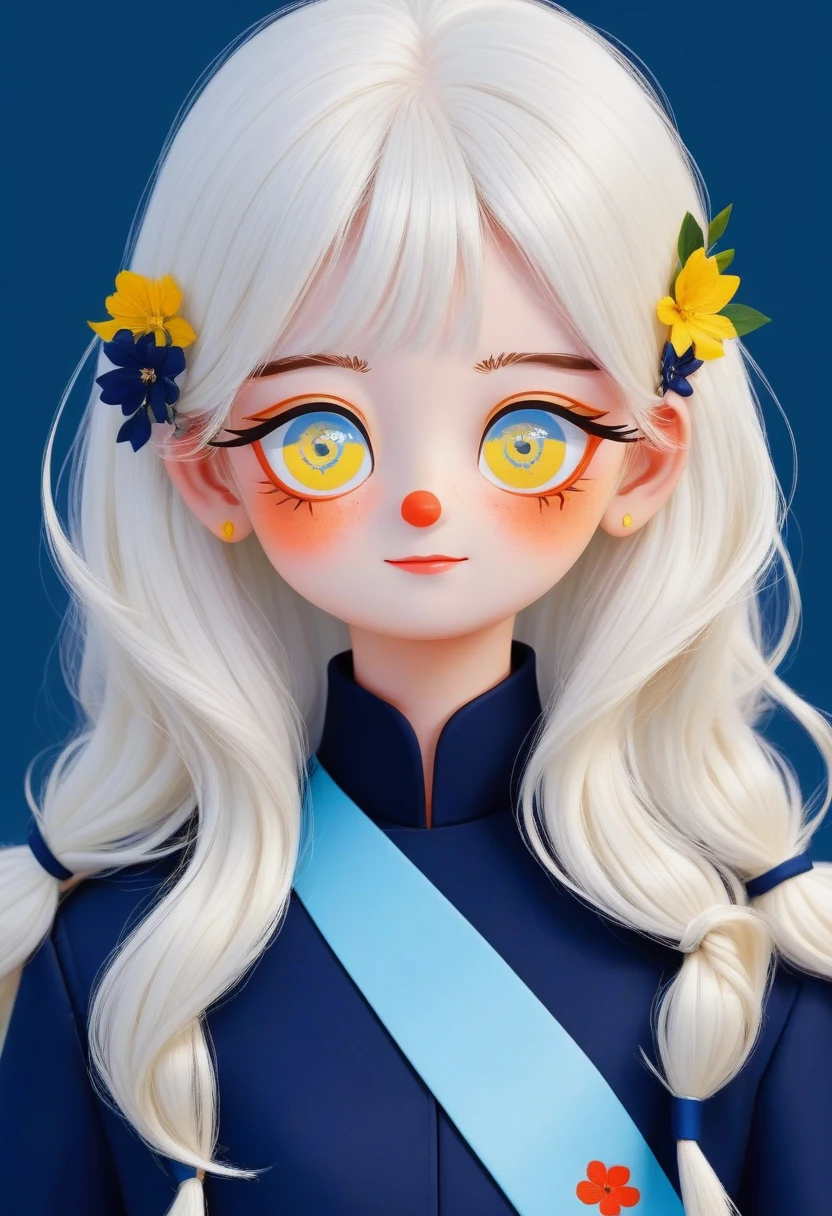 1 Girl,White hair,Colored contact lenses, Colored eyelashes,Lovely,Solid color background,blue and yellow,Artistic sense,Navy collar,Minimalist Art,Vector illustration,Flat illustration,Japanese cartoons