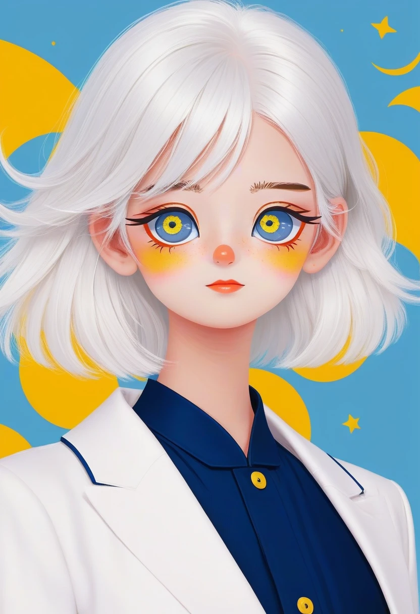 1 Girl，White hair，Colored contact lenses, Colored eyelashes，Lovely,Solid color background，blue and yellow，Artistic sense，Navy collar，Minimalist Art，Vector illustration，Flat illustration，Japanese cartoons
