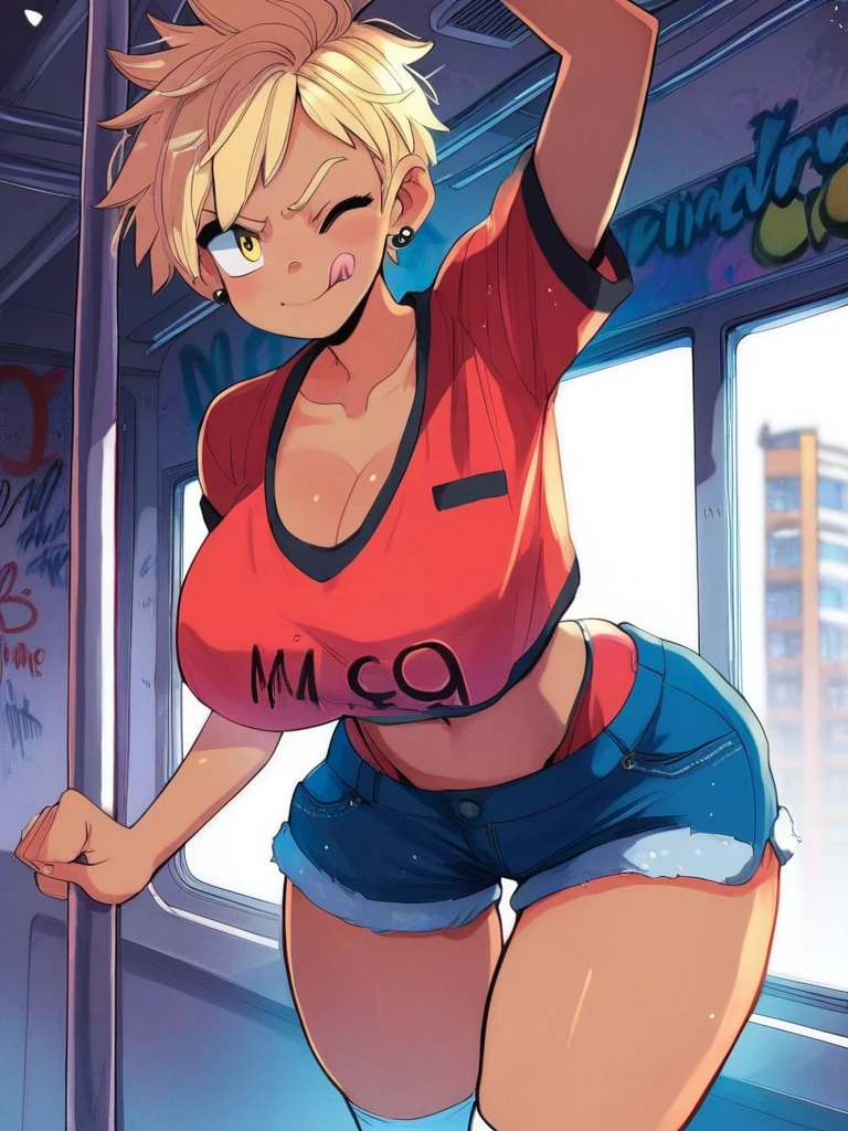 score_9, score_8_up, score_7_up, 1girl, 1girl, dark skin, yellow eyes, curvy, huge breasts, wide hips, tomboy, gyaru, cute pose, angry, looking at viewer, simple white background, dynamic pose, cowboy shot, white socks, , lay on subway, graffiti, urban city, sexually suggestive, sexy, one closed eyes, tongue out, white socks, squeezing thighs,
 PaulinaapcXLP