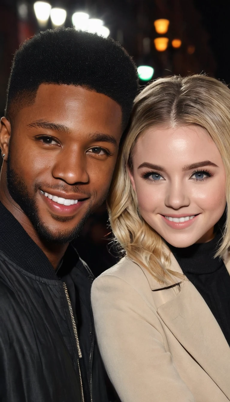 Sierra McCormick and a handsome African American male whose facial features are a combo of Kelvin Harrison, Jr. + Trevante Rhodes + Nathan Mitchell enjoy an evening stroll. Both are 25 years old. Both are smiling. Both are dressed attractively for a night on the town. Sierra has lovely makeup on her face. Nighttime. Romantic ambiance. Symmetrical eyes. Symmetrical faces. Lovely details. Photorealistic. Full-colored photo. Professional photo. Highly detailed 8K.