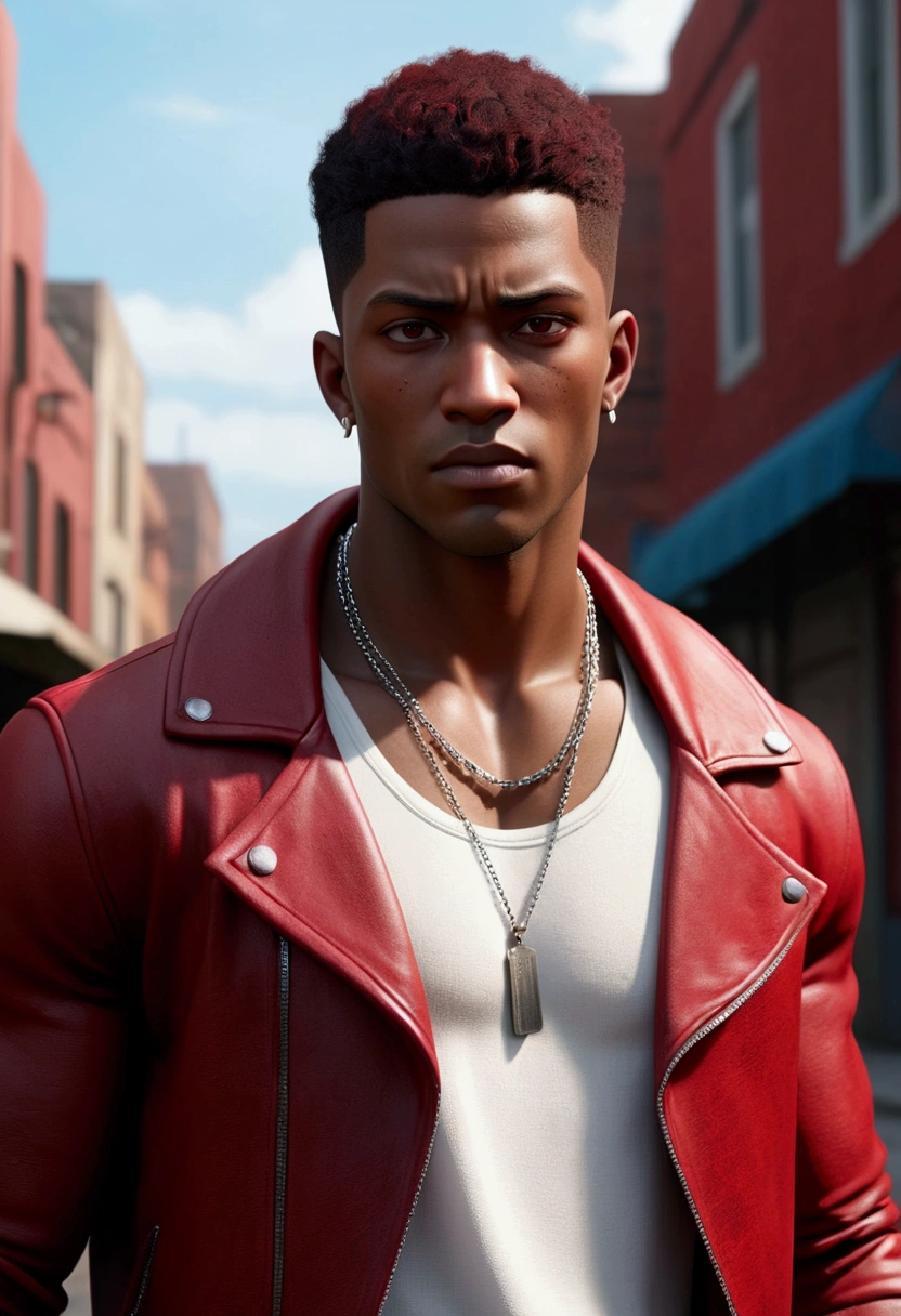(masterpiece:1.2), (best quality), (ultra detailed), (8k, 4k, intricate),(half-body-shot:1), (highly detailed:1.2),(detailed face:1.2), (detailed background),detailed landscape, (dynamic angle:1.2) black skinned adult male, late 20s, street thug, A black teenager, character, very tall, muscular, with short hair, brown eyes, solo, 1boy, he has a burn mark in the left side of his face. He is wearing a white tank top and dark red unzipped jacket, his leg wear consists of blue jeans, dark sneakers and a silver necklace.(((black:1.5, red:1.1, white:1.3))) Semirealistic style, masterpiece, best quality, 8k, artstation, sharp focus, high details