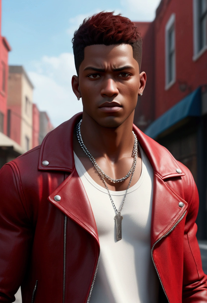 (masterpiece:1.2), (best quality), (ultra detailed), (8k, 4k, intricate),(half-body-shot:1), (highly detailed:1.2),(detailed face:1.2), (detailed background),detailed landscape, (dynamic angle:1.2) black skinned adult male, late 20s, street thug, A black teenager, character, very tall, muscular, with short hair, brown eyes, solo, 1boy, he has a burn mark in the left side of his face. He is wearing a white tank top and dark red unzipped jacket, his leg wear consists of blue jeans, dark sneakers and a silver necklace.(((black:1.5, red:1.1, white:1.3))) Semirealistic style, masterpiece, best quality, 8k, artstation, sharp focus, high details