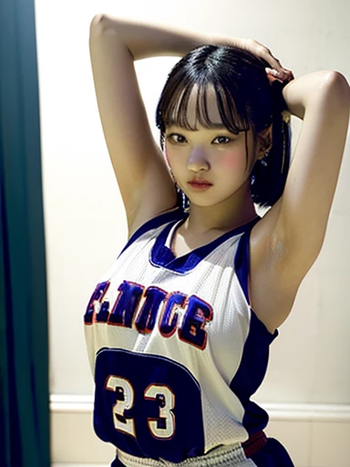 Japanese girl born in 2003。Armpit sweat。Landmine makeup。Heavy makeup。eye make up。Droopy eyes。Young face。Chubby。Provocative smile。Plump young girl。Young thighs。Basketball uniform。Large Breasts。