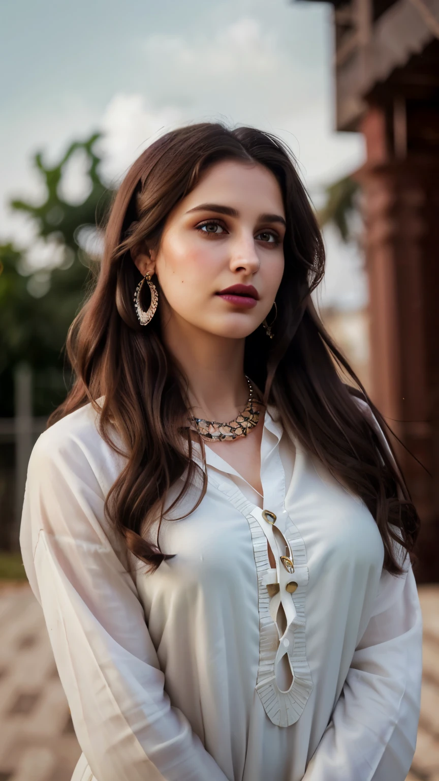 Wavy brown hair, (RAW photo, realism: 1.8), (very dark lip gloss, jet black lipstick, many eyelashes, dark black eye shadow, shy, blushing, high quality, high resolution, depth of field, chromatic aberration, caustic, wide light, natural colors, 30 year old woman), necklaces, chokers, earrings, bracelets, wear many accessories, wearing traditional Pakistani clothes, white color dress, and white hijab, woman very big , soft skin, white skin, slim nose, beautiful eyes, The Casual Hip Stance poses, 8k results, high resolution, realistic,