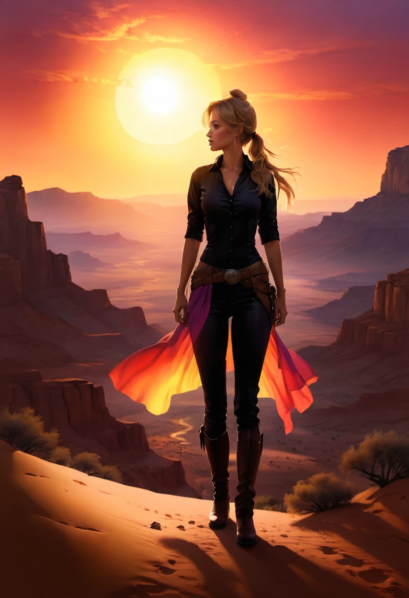 an oil painting of woman cowboy standing on the desert mountain at sunset, watching the desert canyon, an exquisite beautiful woman, most beautiful woman, blond hair, long hair, in a pony tail, ultra detailed face, best detailed face, wearing button shirt, dynamic color, small cleavage, wearing trousers, dynamic color, wearing high heeled boots, (silhouette art: 1.3), sun set, sun rays, sky in shades of purple, red, orange and yellow. vibrant colors of sky, Hyperrealism style, vibrant, Ultra-high resolution, High Contrast, (masterpiece:1.5), highest quality, Best aesthetics), best details, best quality, highres, ultra wide angle, 16k, [ultra detailed], masterpiece, best quality, (extremely detailed) RAW, chumbasket art style, oil pastel, silhouette
