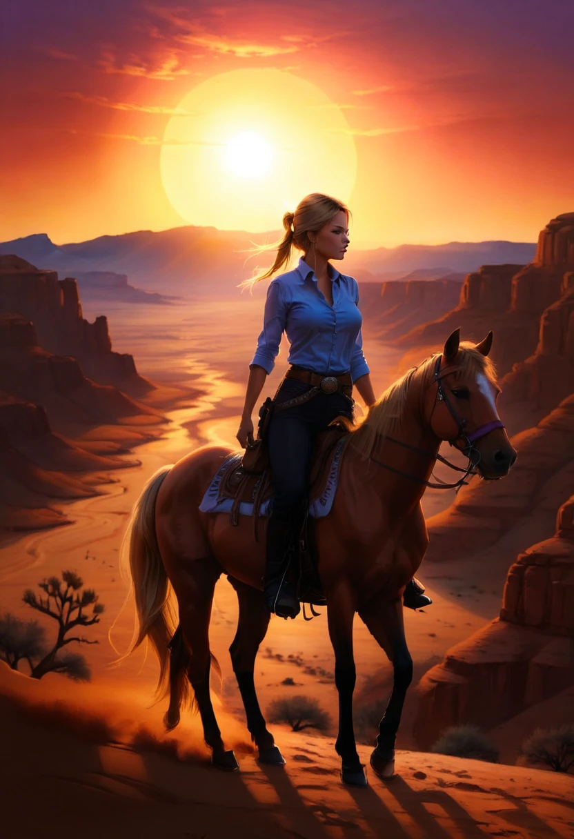 aan oil painting of woman cowboy riding a horse on the desert mountain at sunset, watching the desert canyon, an exquisite beautiful woman, most beautiful woman, blond hair, long hair, in a pony tail, ultra detailed face, best detailed face, wearing blue button shirt, small cleavage, wearing black trousers, dynamic color, wearing high heeled boots, (silhouette art: 1.3), she has a (lasso: 1.1) sun set, sun rays, sky in shades of purple, red, orange and yellow. vibrant colors of sky, Hyperrealism style, vibrant, Ultra-high resolution, High Contrast, (masterpiece:1.5), highest quality, Best aesthetics), best details, best quality, highres, ultra wide angle, 16k, [ultra detailed], masterpiece, best quality, (extremely detailed) RAW, chumbasket art style, oil painting, silhouette