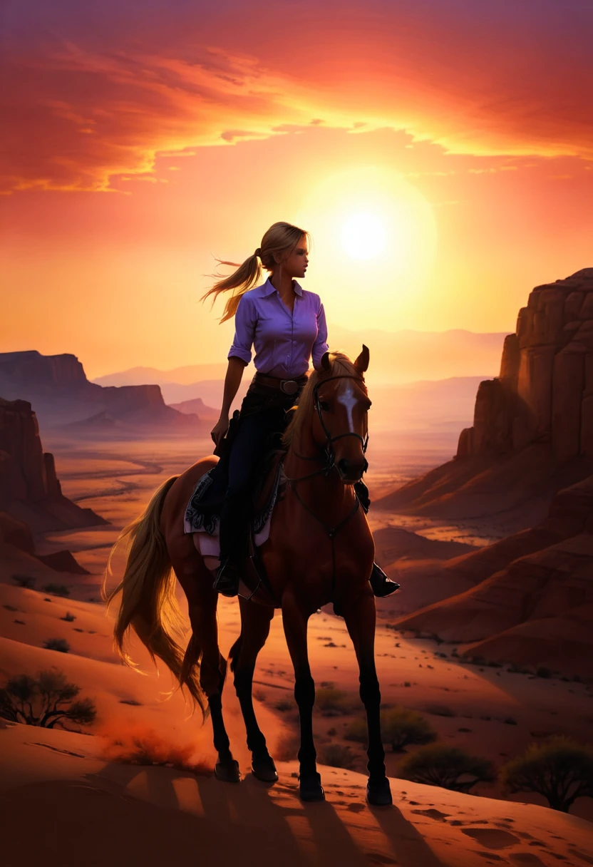 an oil painting of woman cowboy standing on the desert mountain at sunset, watching the desert canyon, an exquisite beautiful woman, most beautiful woman, blond hair, long hair, in a pony tail, ultra detailed face, best detailed face, wearing button shirt, dynamic color, small cleavage, wearing trousers, dynamic color, wearing high heeled boots, (silhouette art: 1.3), sun set, sun rays, sky in shades of purple, red, orange and yellow. vibrant colors of sky, Hyperrealism style, vibrant, Ultra-high resolution, High Contrast, (masterpiece:1.5), highest quality, Best aesthetics), best details, best quality, highres, ultra wide angle, 16k, [ultra detailed], masterpiece, best quality, (extremely detailed) RAW, chumbasket art style, oil pastel, silhouette
