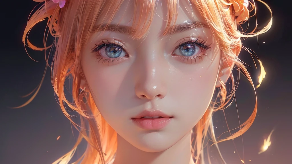 One girl, alone, flower畑, flower, (Official Art, unity 8k wallpaper, Super detailed, beautifully、aesthetic, masterpiece ,Highest quality:1.3), (Dynamic Angle:1.2), (Floating colorful sparkles:1) , elegant, Vibrant colors, Highly detailed face, Detailed eyes, Glowing Skin, Glossy Lips , Pale Orange Background,