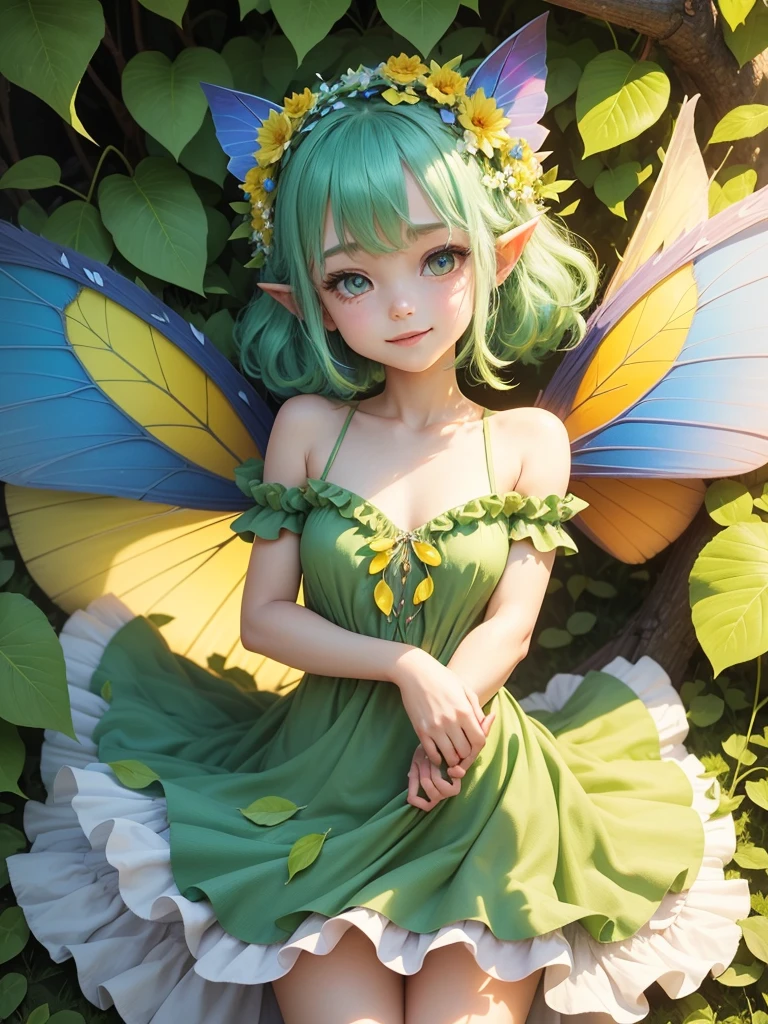 cute little Fairy, blue butterfly, yellowgreen hair, pink eyes,  dress pointy ears dress made of petals leaves Leaning forward Leaf fairy Dress made of leaves Leaf Flower Flower crown Thin wings Smiling gently Large leaf