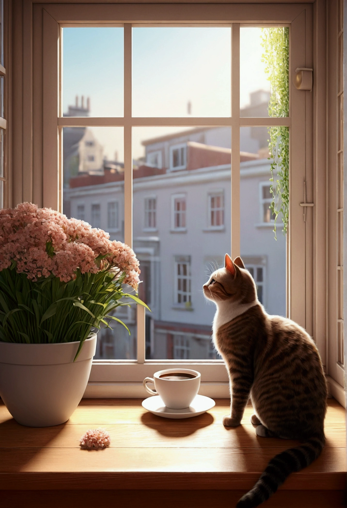 Table Top, Top Quality, Table Top, Top Quality, Official Art, Highly Detailed CG Unity 8K Wallpaper, Subtle Retro Colors, Rice Print Style, Illustration, Cute, One Girl, Flowers, Window, Flowerpot, Coffee Drink,. Lots of illustrations of musical notes on the windowsill.cat