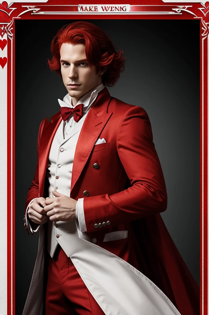 Make a red king like the one from Alice in Wonderland with the following characteristics. Whole body, Red hair, White skin, extravagant red suit with red hearts like poker cards.