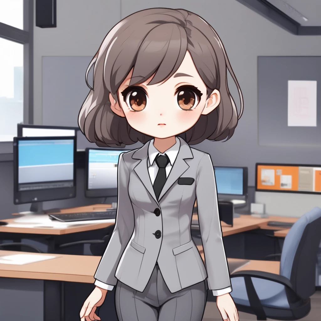 masterpiece, Highest quality, Very detailed,1 girl ,(chibi avatar:1.4),((Flat Design)),simple background, full body, standing,(forehead),(very short hair:1.3),((extra short)),brown hair,black eyes,((whitetunic blouse)),office lady,(gray blazer:1.5),(gray pants:1.2)  