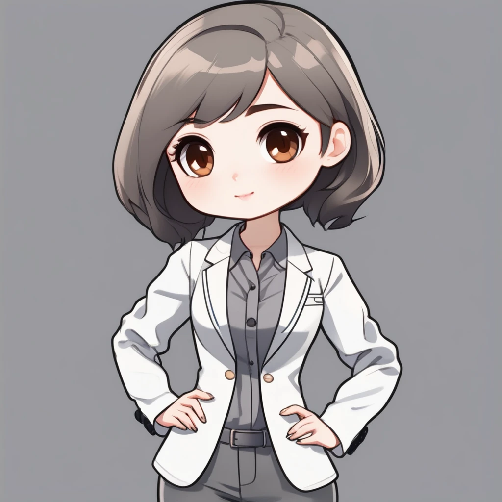 masterpiece, Highest quality, Very detailed,1 girl ,(chibi avatar:1.4),((Flat Design)),simple background, full body, standing,(forehead),(very short hair:1.3),((extra short)),brown hair,black eyes,((whitetunic blouse)),office lady,(gray blazer:1.5),(gray pants:1.2)