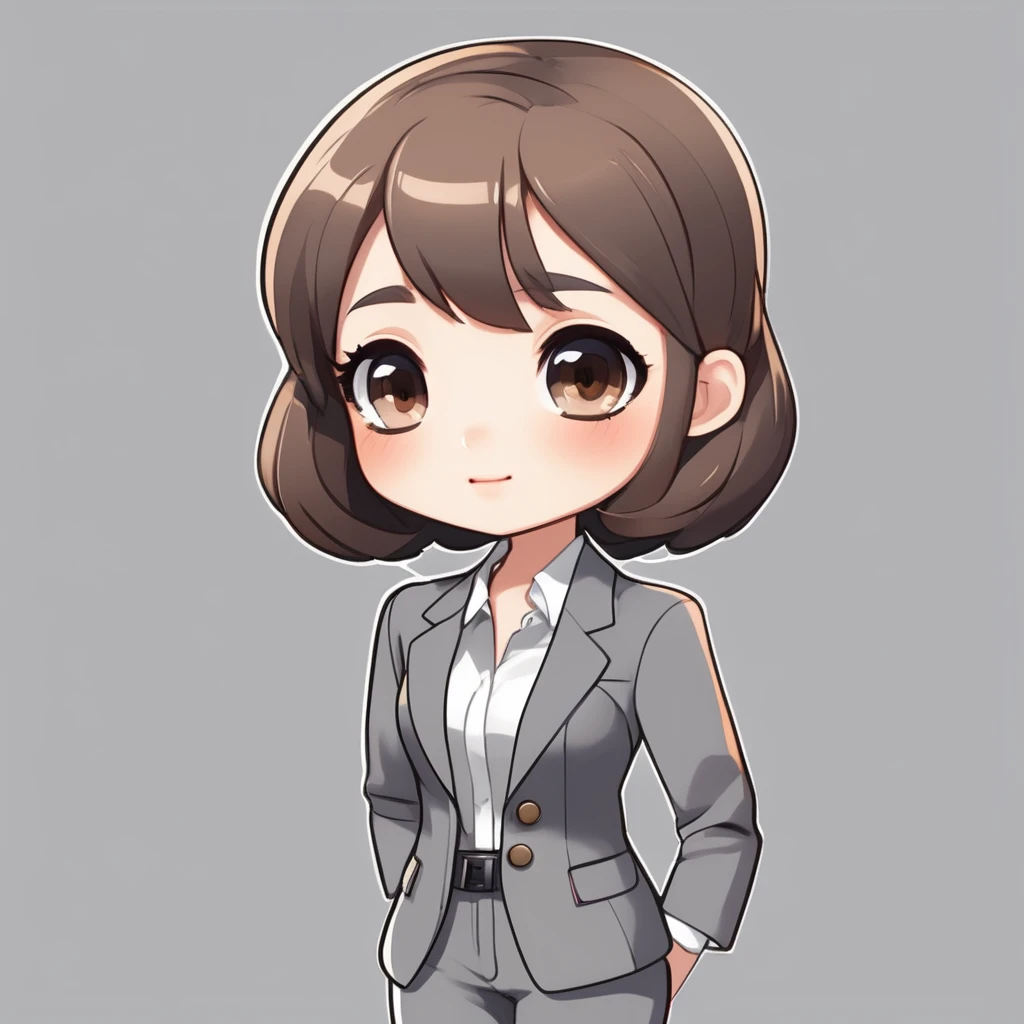 masterpiece, Highest quality, Very detailed,1 girl ,(chibi avatar:1.4),((Flat Design)),simple background, full body, standing,(forehead),(very short hair:1.3),((extra short)),brown hair,black eyes,((whitetunic blouse)),office lady,(gray blazer:1.5),(gray pants:1.2)
