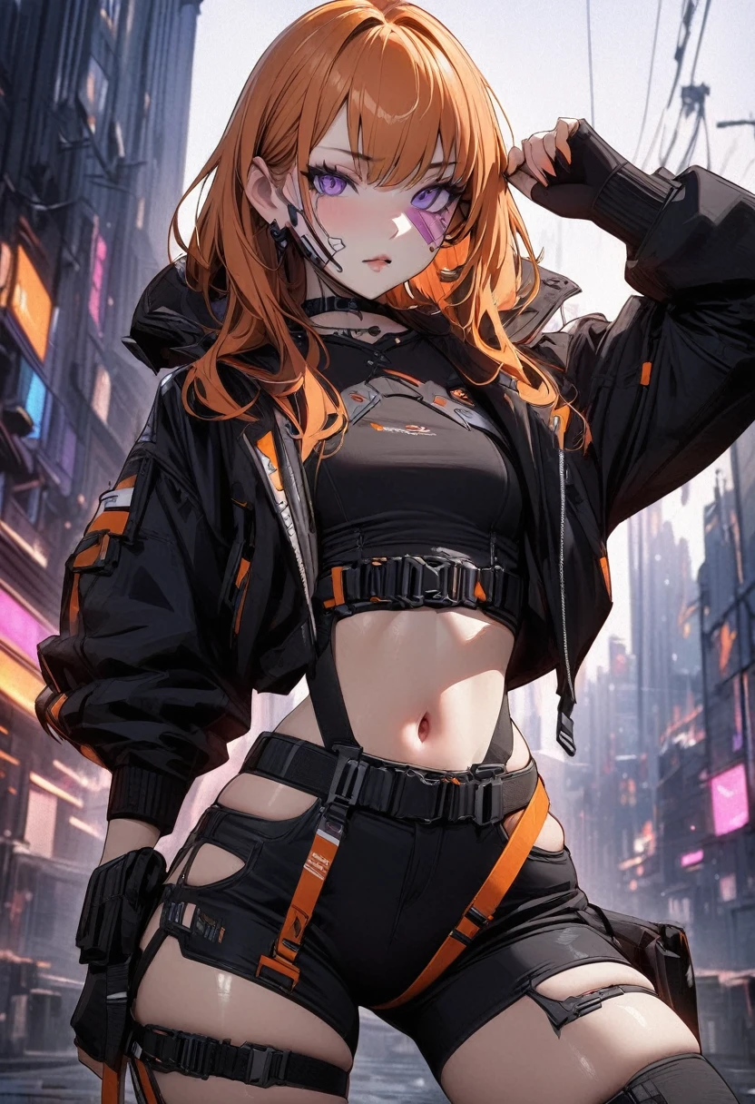 Young girl orange hair purple eyes cyberpunk style navel-baring outfit high quality masterpiece complete facial details