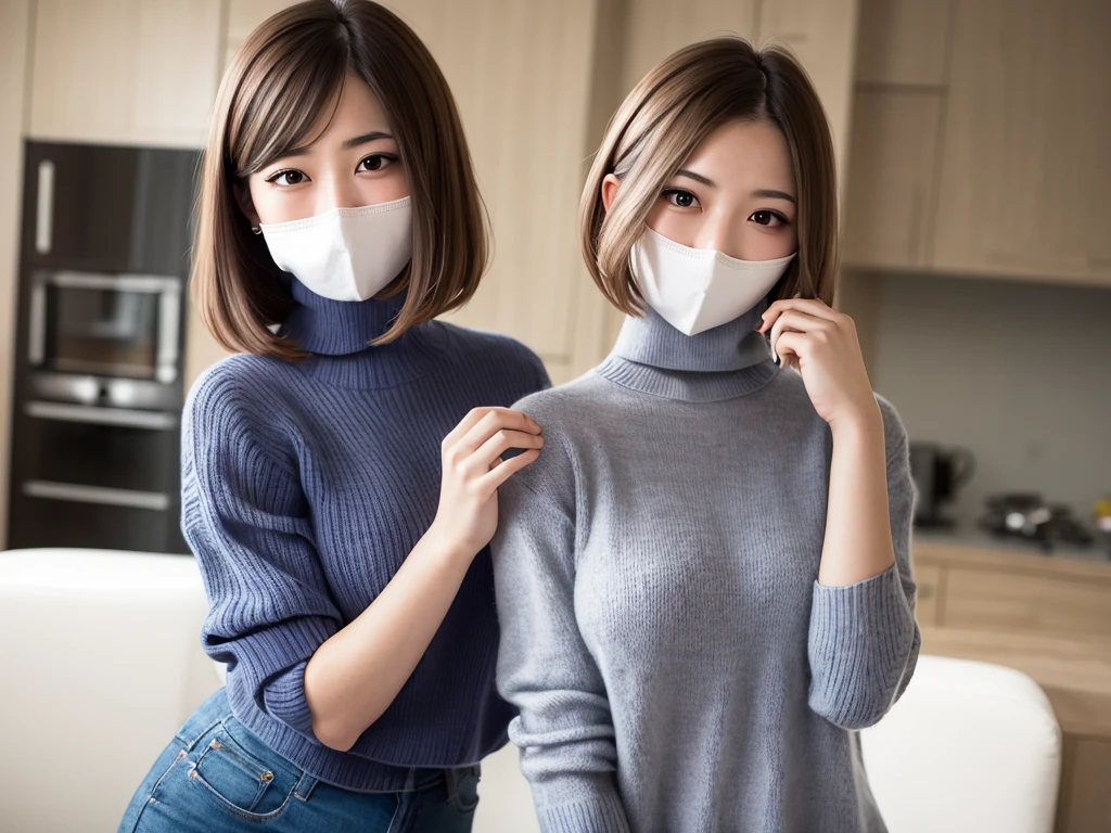 (((masterpiece, best quality,ultra-detailed,8k,high resolution))), (upper body),24 years old ,Japanese girl, (1girl, solo),short hair,(Cover face with a turtleneck sweater:1.9),grabbing turtleneck collar