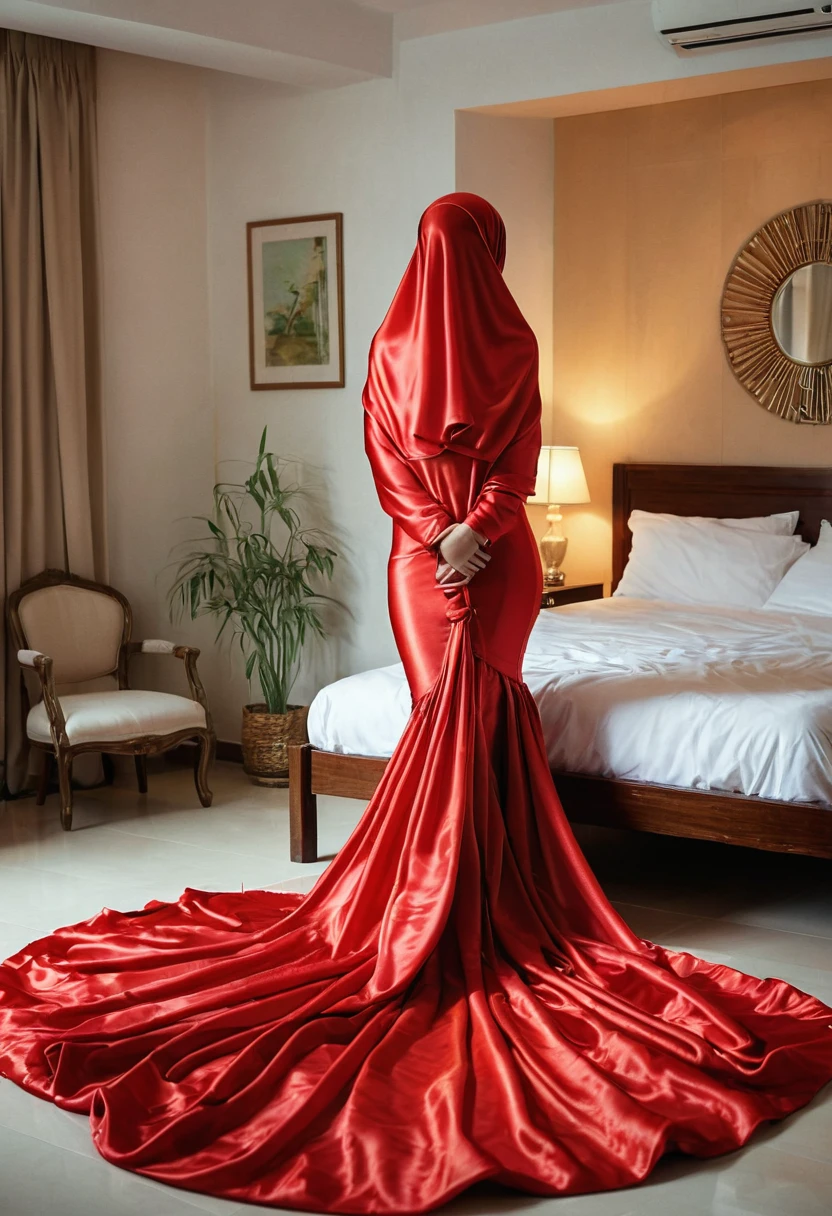 a sexy a woman covered in large red satin cloth, tied tightly with the satin cloth, mummified, the satin hanging down very long, a mermaid style dress, wearing a satin hijab, the satin cloth is very long, forming the curve of the body, flowy satin about 4 meter,full body,masterpice, in bedroom,satin bed,4k resolution, ultra-realistic, highly detail.