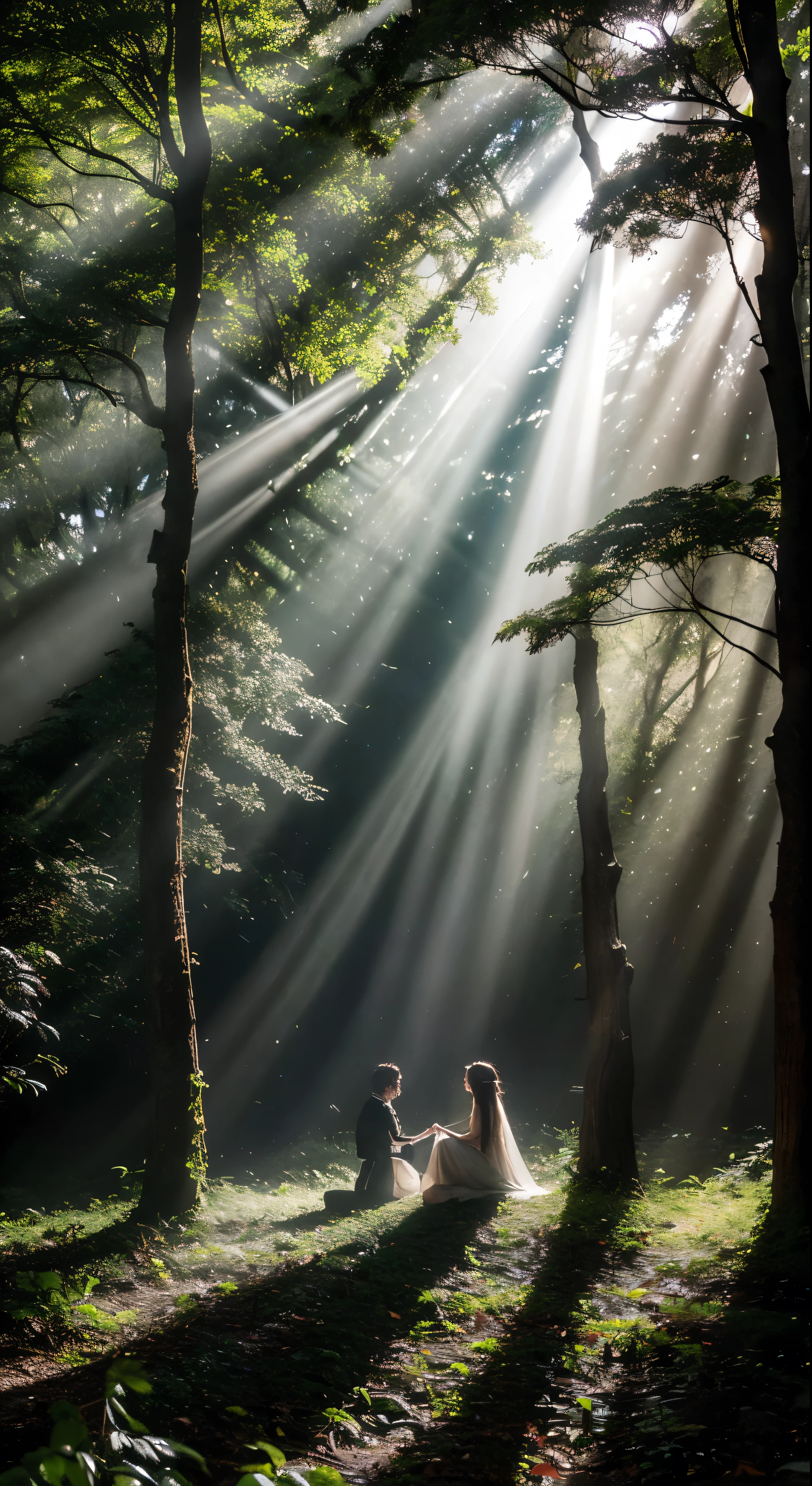 Description: In a secluded forest, a ray of sunlight pierces through the dense canopy, casting an ethereal glow on the forest floor. Amidst the towering trees, mysterious shadows seem to come alive, whispering secrets to those who dare to listen. Capture the enigmatic allure of these whispering shadows and the interplay between light and darkness in this mystical setting.