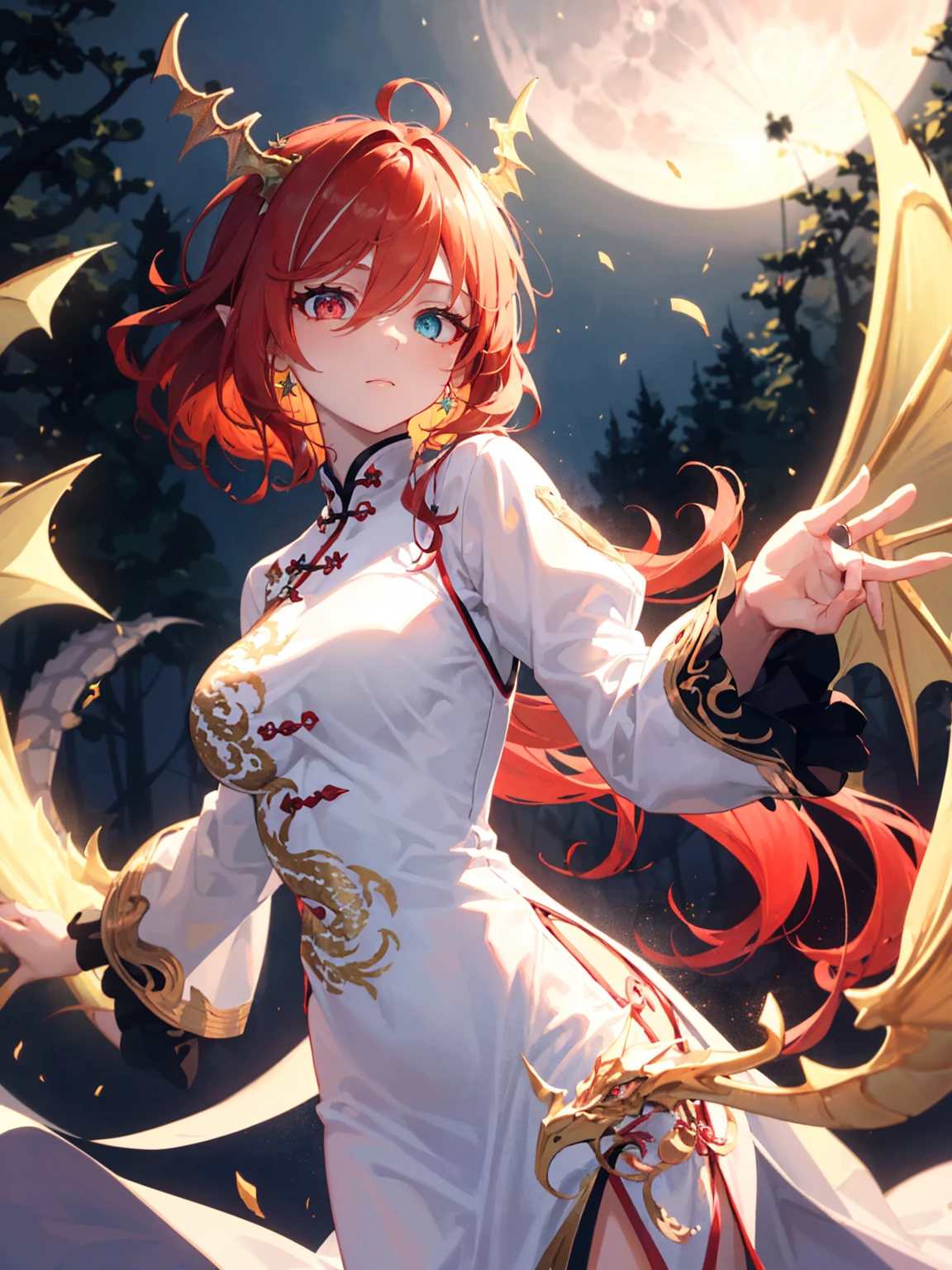 Princess (red hair, wearing a long dress), perfect breasts, round breasts, background (forest, moon), Chinese dragon (one, five-clawed golden dragon, two wings), golden jewelry, white and golden clothes, (golden clothes:1), (white clothes:1.3), golden ornaments, shiny silk, golden stripes clothes, detailed textures, (dragon clothes:1.3), detailed iris, sparkle eyes, star in eyes, enchanting red eyes, (multicolored eyes), (shining dust), (heterochromia), (red hair:1.3), (messy hair:1.3), (hair between eyes), (hair over one eye), (wavy hair:1.1), perfect hands, perfect fingers, perfect arms