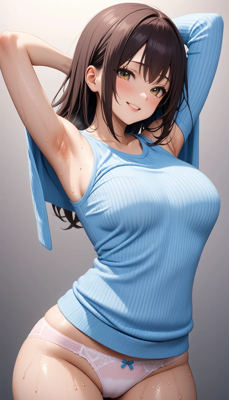 (Highest quality、Masterpiece、Very detailed、4K)、One Woman、smile、(Heattech)、Panties、Sweaty、shoulder、Beautiful armpits