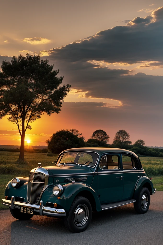 Generate a vintage image of a car with sun set