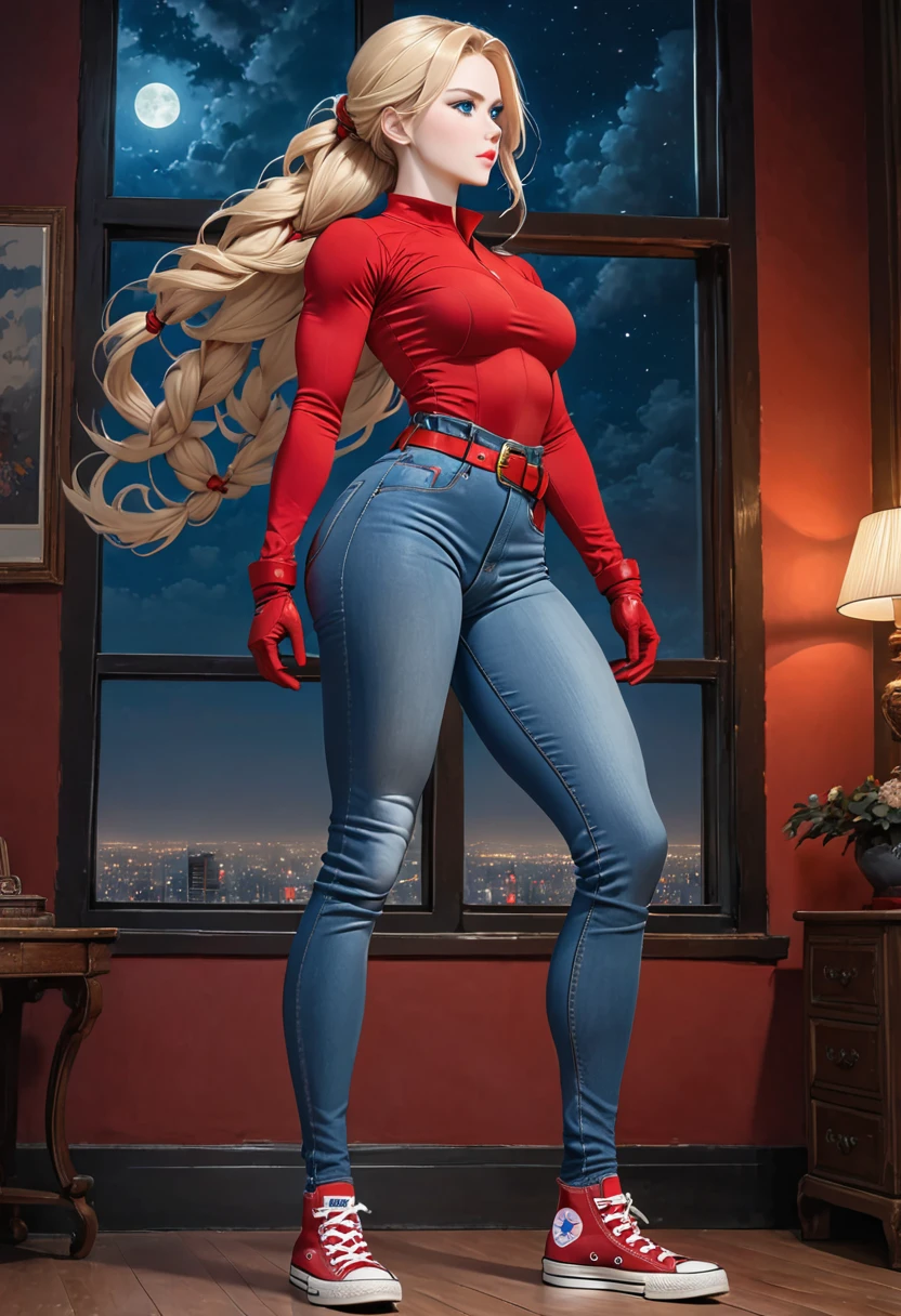 BOMBSHELL BLONDE WOMAN, WARRIOR FEMALE ON BLUE JEANS JUMPSUIT, VERY PALE SKIN, BLUE EYES, HIGH CHEEKBONES, ROSY CHEEKS, MENTAL FORAMEN, HUGE LONG BLONDE HAIR,LONG BRAIDED HAIR, LONG BRAID,  LONG JEANS DREADS ON LONG BLONDE HAIR, THONG LEOTARD, RED LONG SLEEVES SHIRT, JEANS BODYSUIT, NECK BODYSUIT, RED GLOVES, RED BELT, GOLD BUCKLE, RED CONVERSE ALL STAR SHOES, ATHLETIC CURVY BODY, DETAILED QUADRICEPS, THICK THIGHS, MUSCLES, SIDE BODY VIEW, FULL BODY PERSPECTIVE, DARK HALL, HUGE WINDOWS, NIGHT SKY, ACCURATE IMAGE, MASTERPIECE.