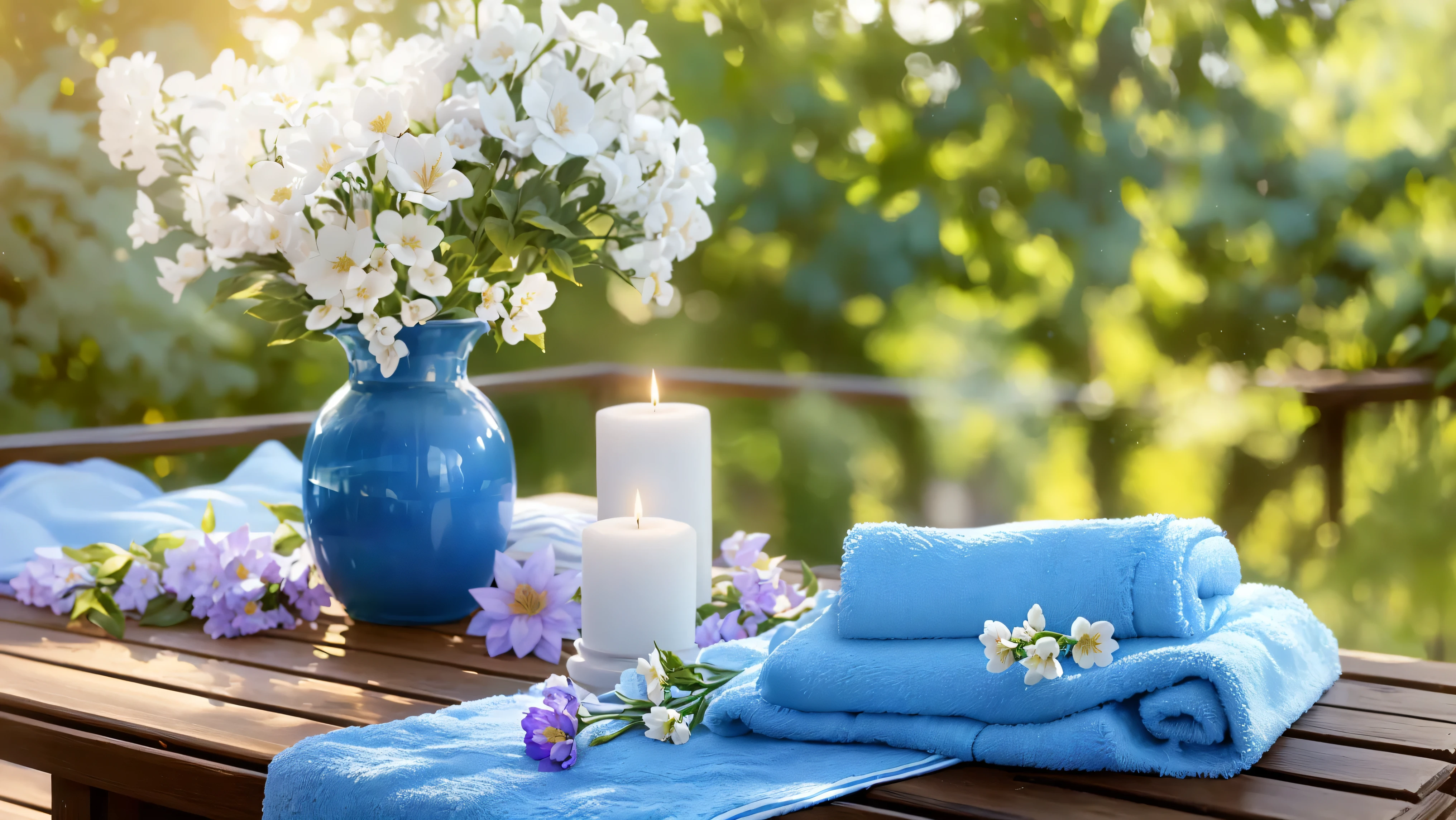 There are two blue towels on the table with flowers and candles, Sunny morning light, Relaxed atmosphere, Summer setting, Romantic atmosphere, summer morning light, Peaceful atmosphere, radiant morning light, Summer Afternoon, relaxed mood, Beautiful atmosphere, 穏やかなNight atmosphere, Night atmosphere, Peaceful atmosphere, Relaxing environment, Romantic atmosphere, Soft morning light, Blue soft details、８K