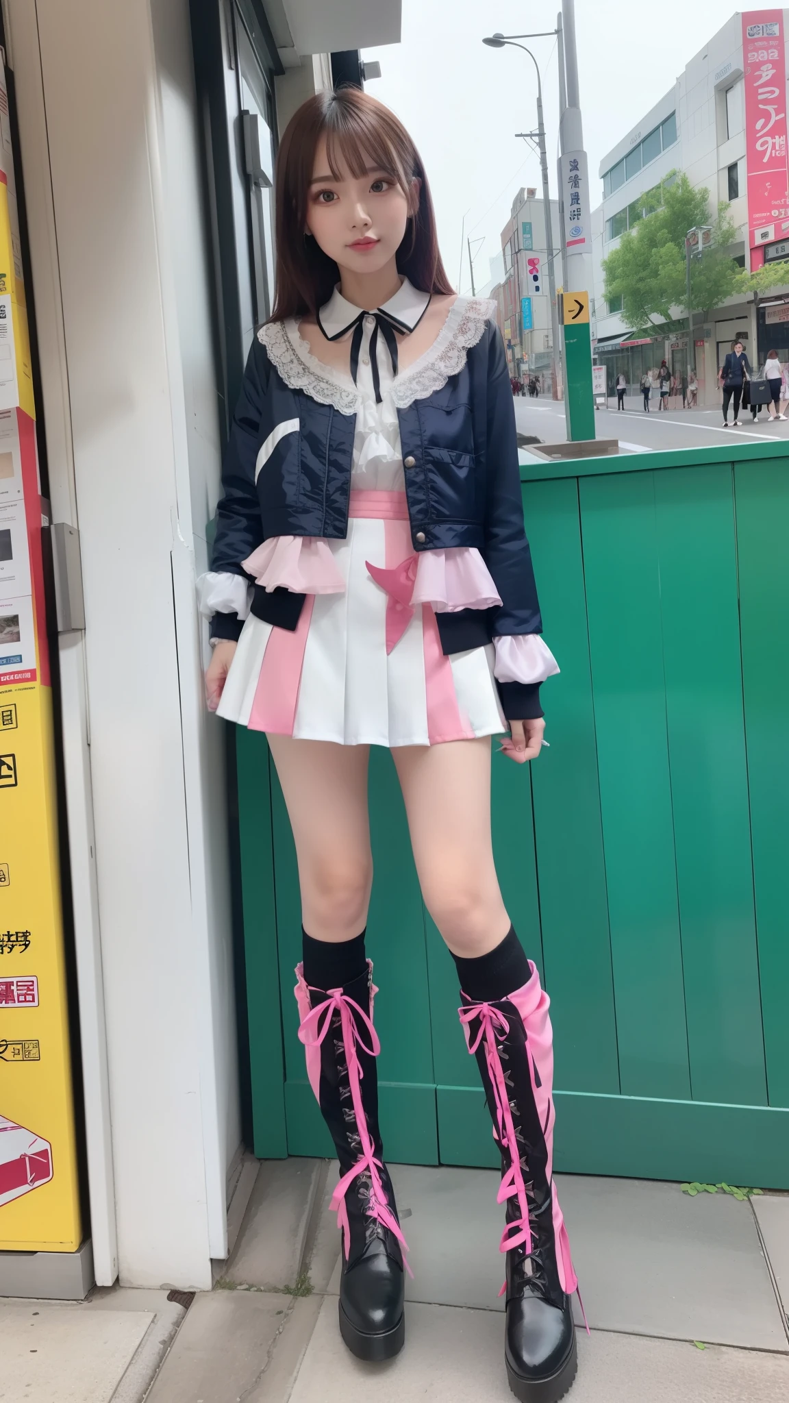 Costume like a idol, blue and white half sleeve Jacket, pink satin ruffled blouse, White and pink stripe pleated skirt, white lace up boots