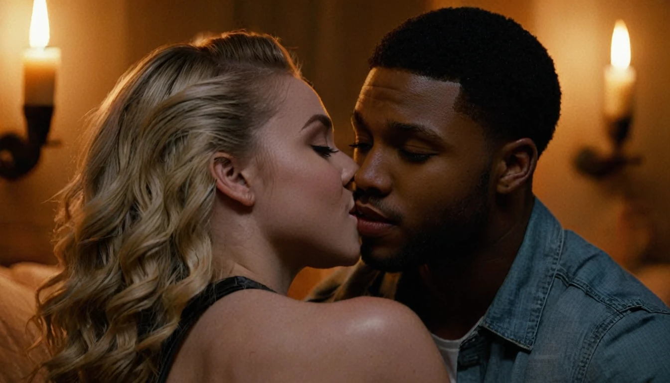Sierra McCormick and a handsome African American male whose facial features are a combo of Kelvin Harrison, Jr. + Trevante Rhodes + Nathan Mitchell share a steamy kiss inside a bedroom lit only by candlelight. Both are 25 years old. Sierra has lovely makeup on her face. Nighttime. Romantic ambiance. Symmetrical eyes. Symmetrical faces. Lovely details. Photorealistic. Full-colored photo. Professional photo. Highly detailed 8K.
