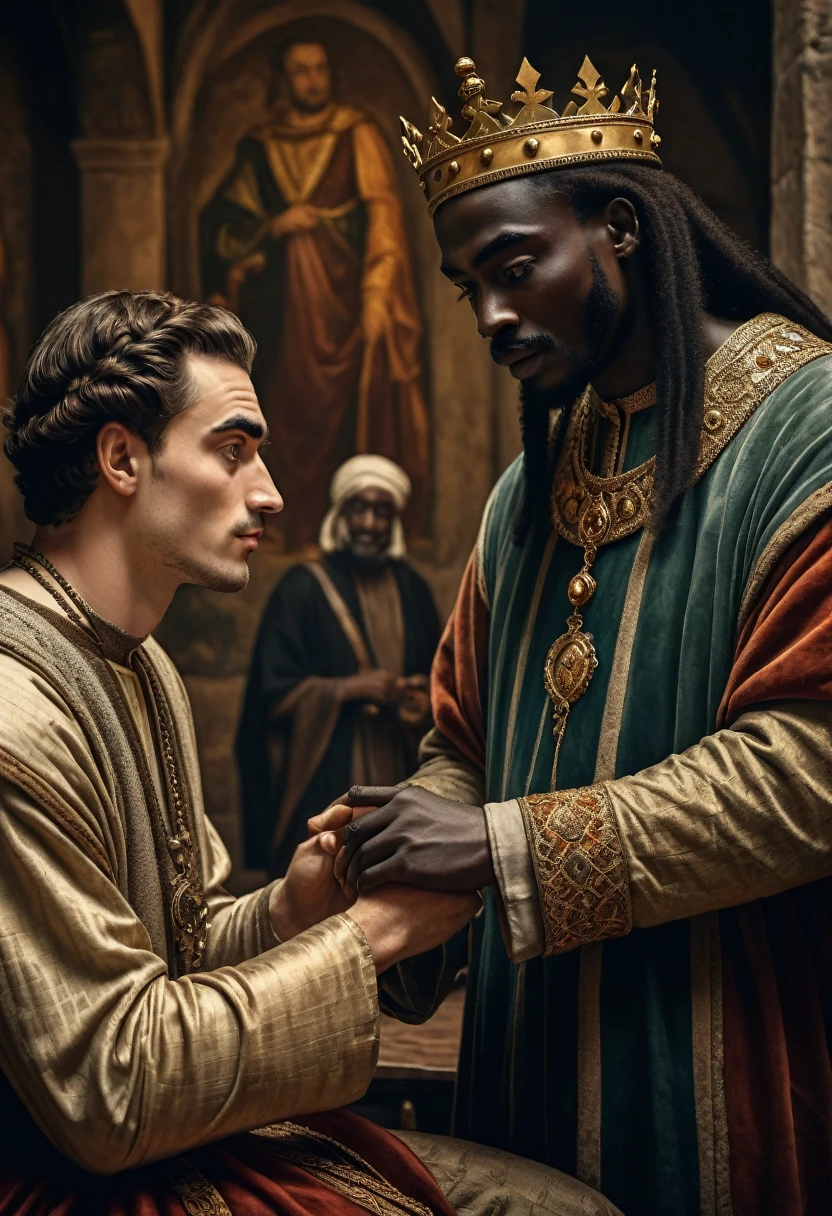 a medieval italian man making a deal with an african king who has european features such as pale skin, unibrow, best quality, perfect hands, intricate details, cinematic lighting, dramatic composition, historical portrait, oil painting, chiaroscuro, muted colors, realistic