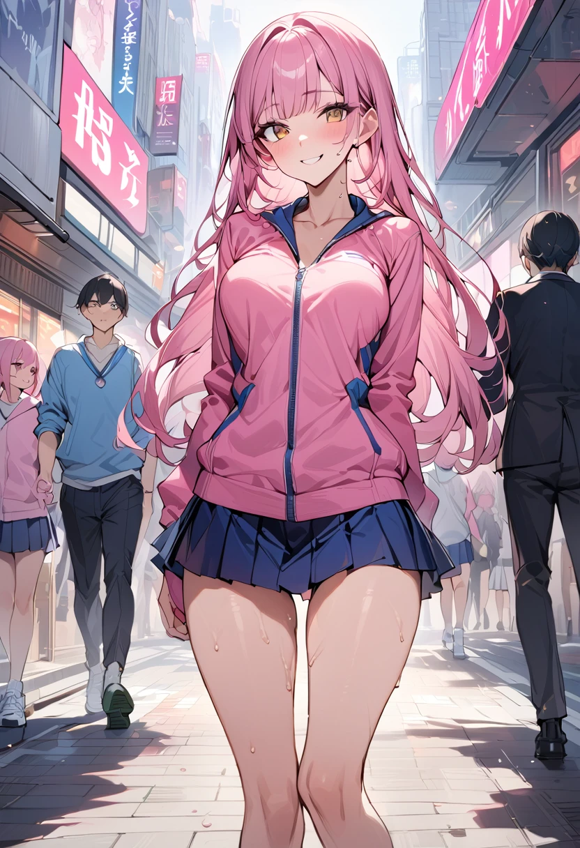 ((masterpiece,Highest quality:1.3,best quality illustration)),cowboy shot,独奏,1woman,((Mature Beauty)),pink hair,straight long hair,bangs,brown eyes,(gorgeous eyes),((very small head:1.3)),fun,smile,((very long body:1.2,skinny)),medium breasts,((Pink baseball jacket、Navy blue pleated mini skirt)),navy blue sports socks、White sneakers、walk、gleaming skin,oily skin,slender body,sweat,standing,on street,Shibuya Station、