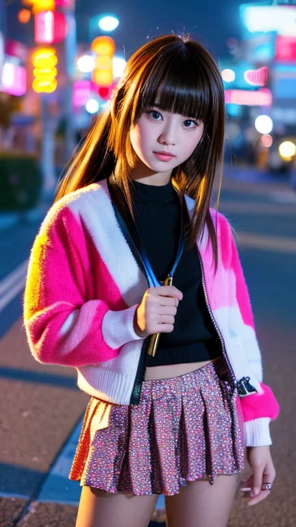 Girl with a flamboyant appearance and rebellious attitude, Japanese yankee, lone girl, bright and loud patterned clothes, extremely short skirt, gal style with emphasis on cuteness, light brown hair, thick eyeliner and flashy colored eye shadow, false eyelashes to make eyes look bigger and more impressive, dark makeup all around Hakodate seaside townscape background, evening, sunset