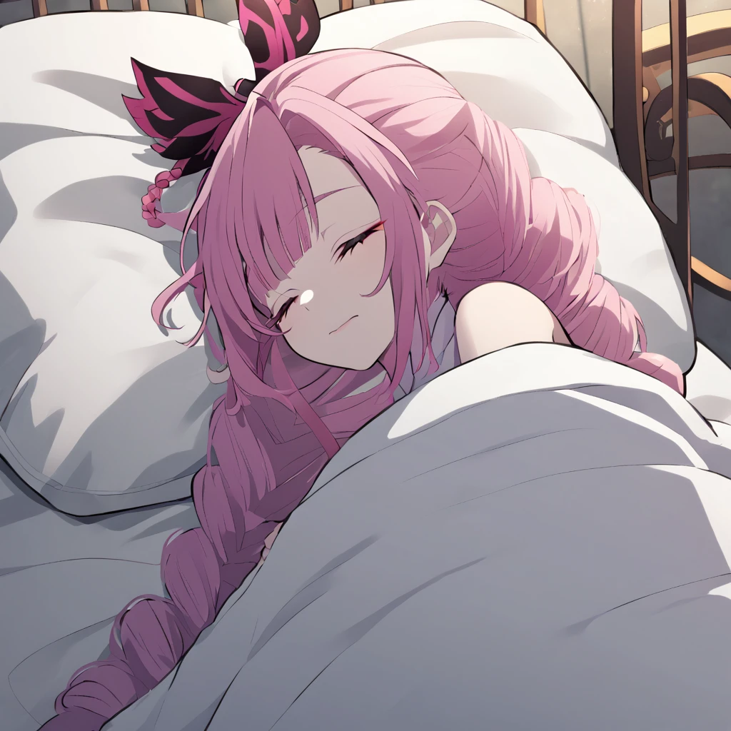 Kanroji Mitsuri/Kanroji Mitsuri Demon Form LORA - Kimetsu No Yaiba - Demon Slayer / Demon slayer - [PonyV6/AutismMixXL], she is sleeping in her bed without sheets, she sleeps on her side