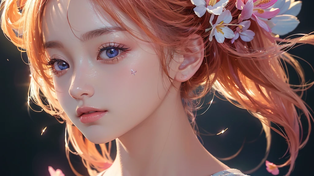 One girl, alone, flower畑, flower, (Official Art, unity 8k wallpaper, Super detailed, beautifully、aesthetic, masterpiece ,Highest quality:1.3), (Dynamic Angle:1.2), (Floating colorful sparkles:1) , elegant, Vibrant colors, Highly detailed face, Detailed eyes, Glowing Skin, Glossy Lips , Pale Orange Background,