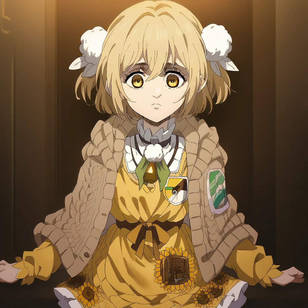 singeki_no_kyojin_s4_style, yellow frilled dress, pom pom hair ornament, brown capelet, brown shawl, long sleeves, pom pom \(clothes\), crime prevention buzzer, badge, sunflower badge, sunflower print, 